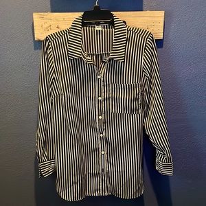 Black and white strip button up blouse- size: Medium Petite